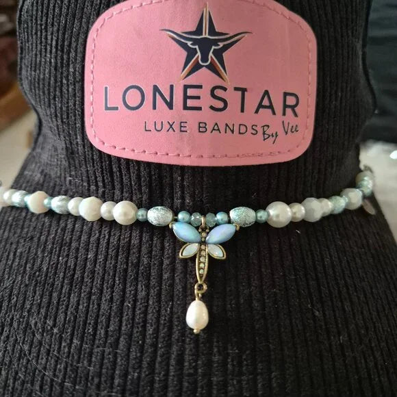 Handcrafted Beaded Hat Band • Dragonfly Charm • Blue & Pearl Western Boho Band
