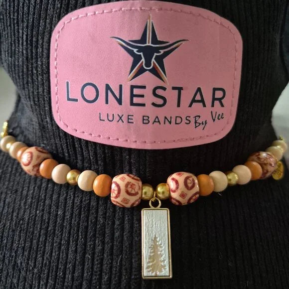 Western Beaded Hat Band by Lone Star Luxe – Wood & Gold Beads, Tree Charm