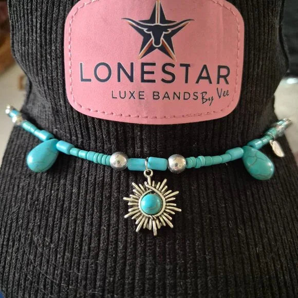 Turquoise Beaded Hat Band w/ Silver Sunburst Pendant – Western Boho