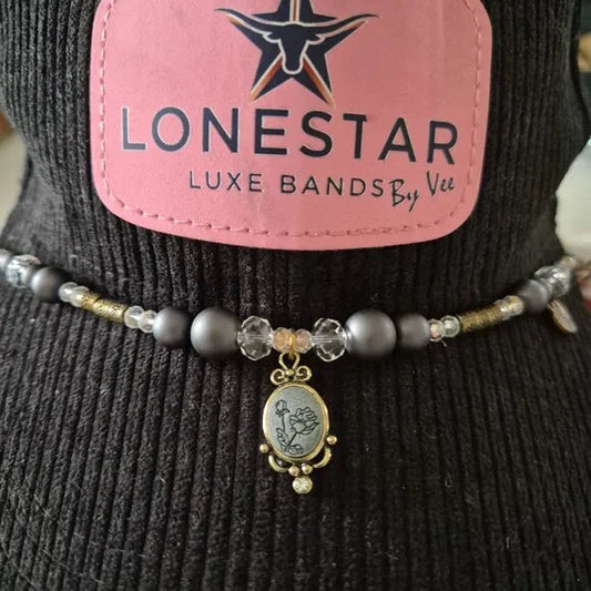 LoneStar Luxe Beaded Hat Accessory – Crystal & Matte Beads, Vintage Rose Charm